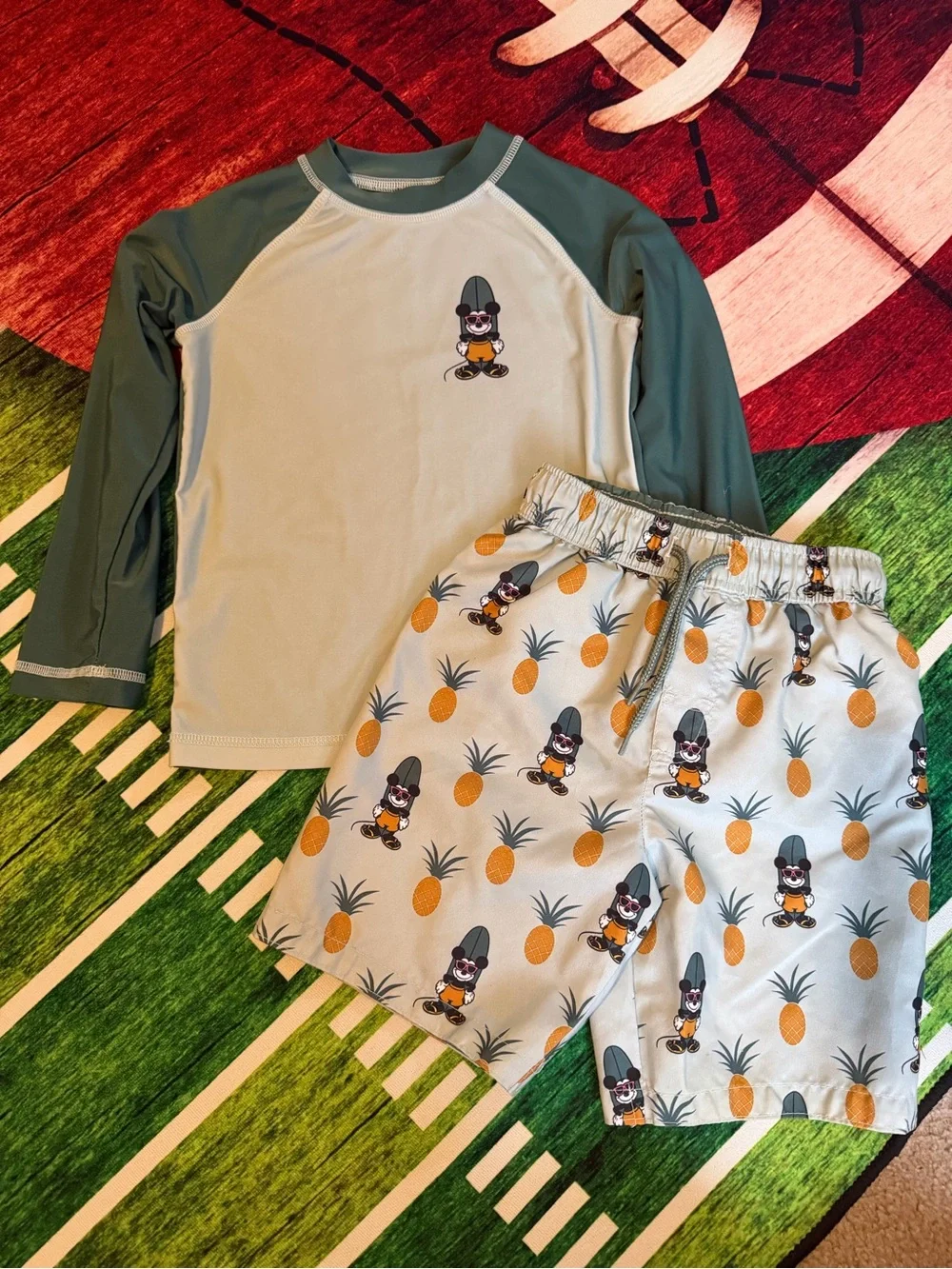 Kids Pineapple & Surf Mickey Rash Guard Set - Sage Green